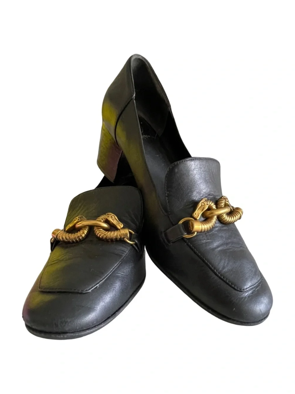 Tory Burch Jessa Black Leather Block Heel Loafers Gold Horsebit Detail Size 8.5